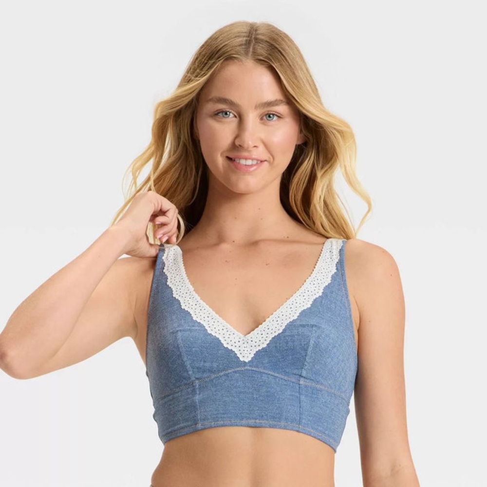 Colsie Denim Scoop Longline Bralette in Blue & White Lace Trim Women’s Size M